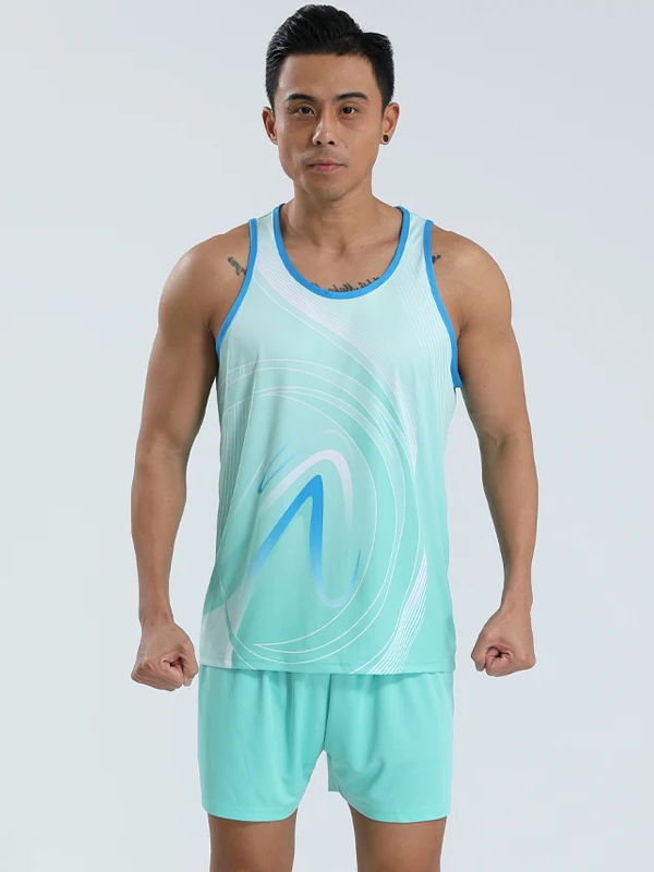 Stylish men's workout tank and shorts set, vibrant blue with yellow accents, engineered for breathability and flexibility, perfect for peak performance.
