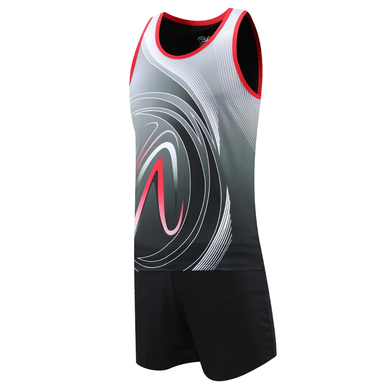 Dynamic Men’s Workout Set SF2040 in gradient black and red, featuring breathable athletic tank and shorts for peak performance.