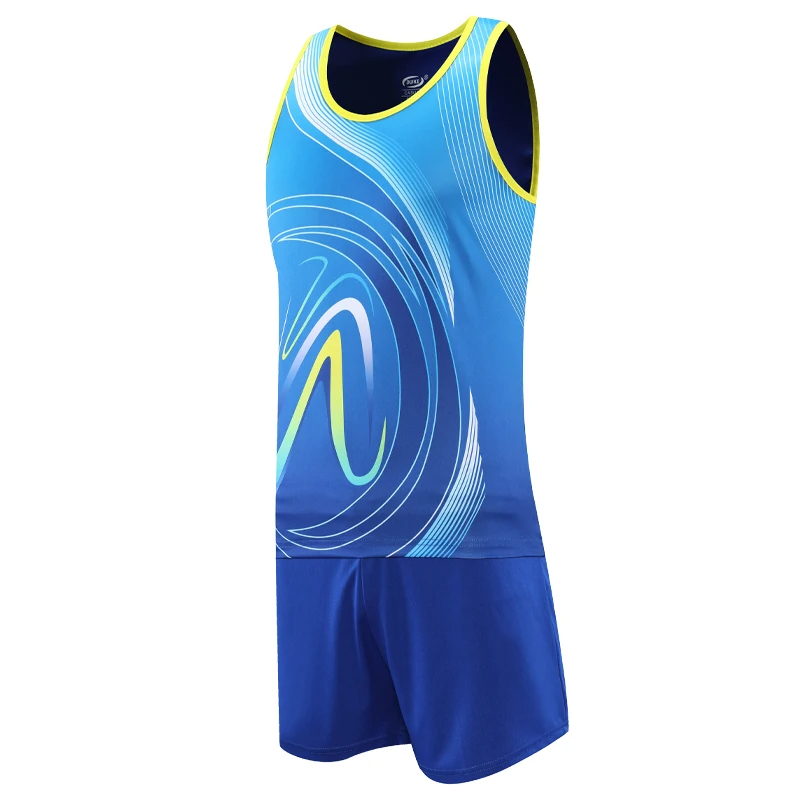 Vibrant blue men’s workout set with dynamic yellow accents, engineered for breathability and flexibility during intense workouts.