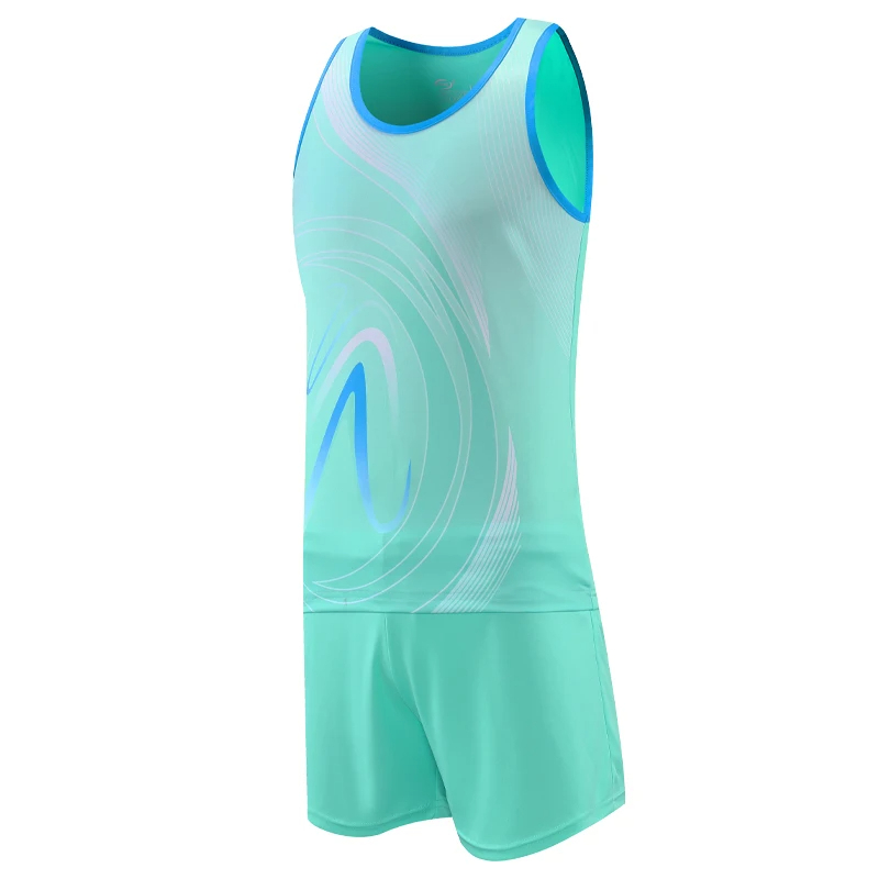 Dynamic Men’s Workout Set in turquoise with white swirls, featuring breathable and flexible athletic tank and shorts for optimal performance.