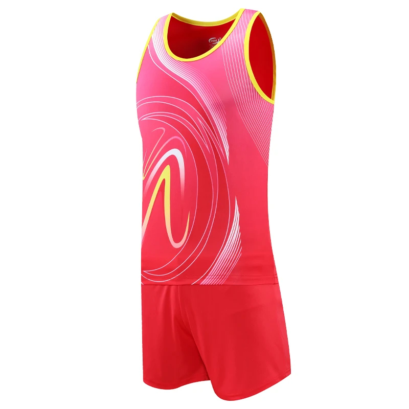 Vibrant red men's workout set with dynamic yellow accents, perfect for stylish and flexible athletic performance.