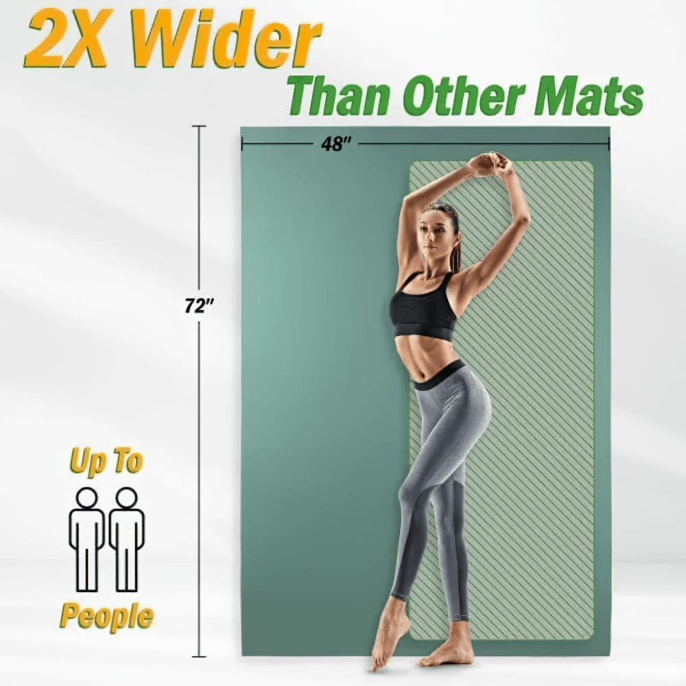 Woman stretching on an extra-wide eco-friendly yoga mat, showing dimensions of 72x48 inches, ideal for workouts and fitness.
