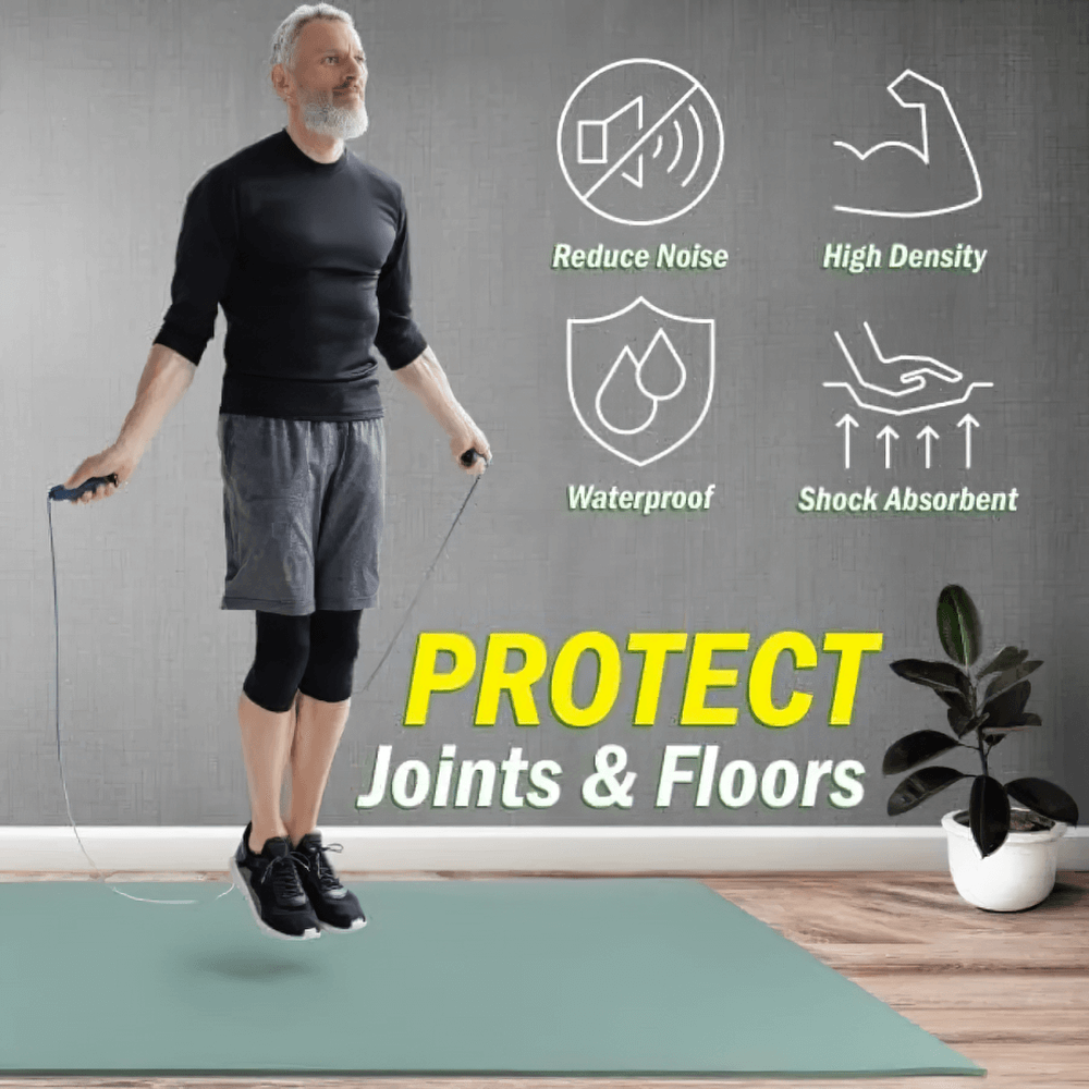 Man jumping rope on eco-friendly non-slip yoga mat, showcasing features: waterproof, shock absorbent, noise-reducing, and high density.
