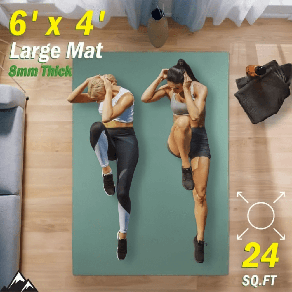 Two women exercising on a 6' x 4' eco-friendly yoga mat, 8mm thick, demonstrating core exercises on non-slip PVC surface.