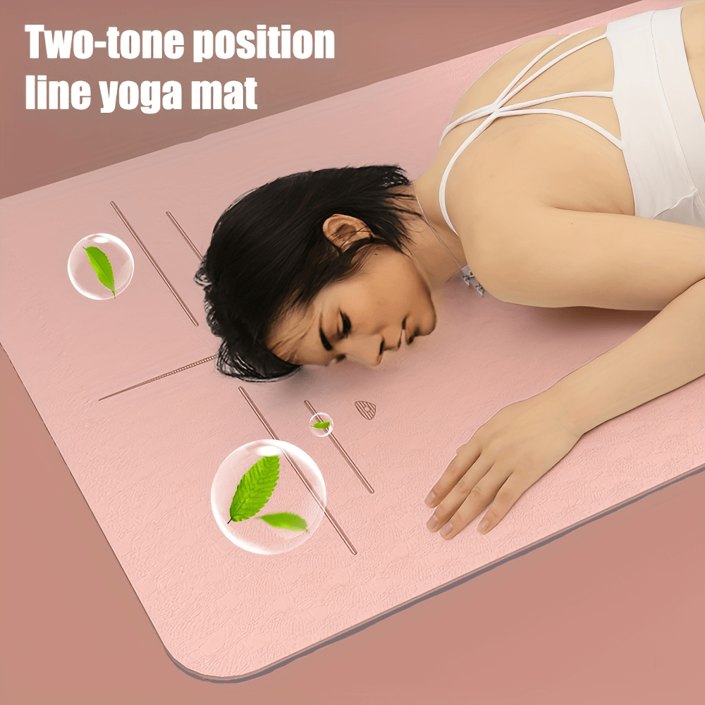 Woman practicing on eco-friendly TPE yoga mat with Asana guideline pattern and non-slip surface, perfect for home fitness. Model: SF2868.