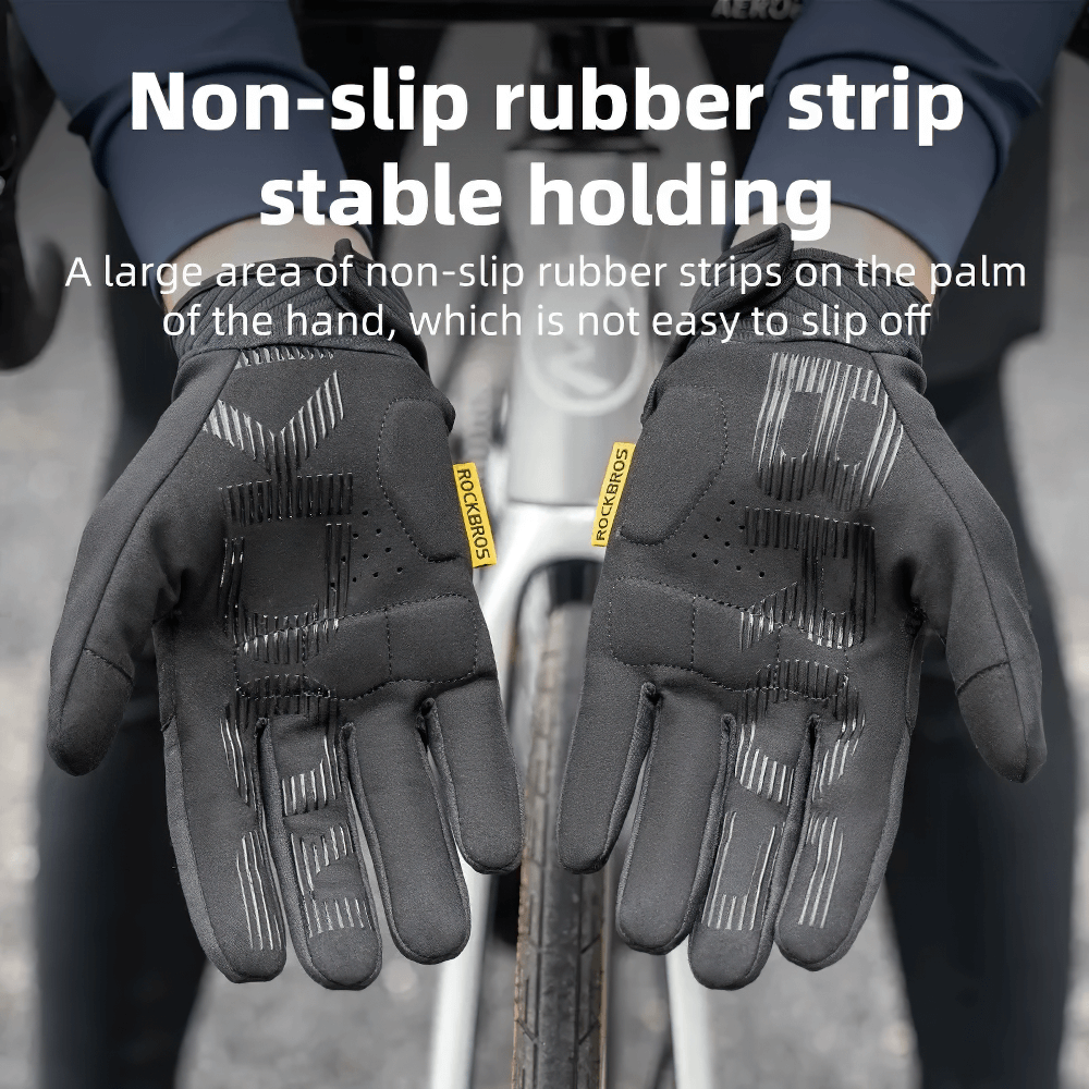 Full finger cycling gloves with non-slip rubber strip, providing stable grip for biking.