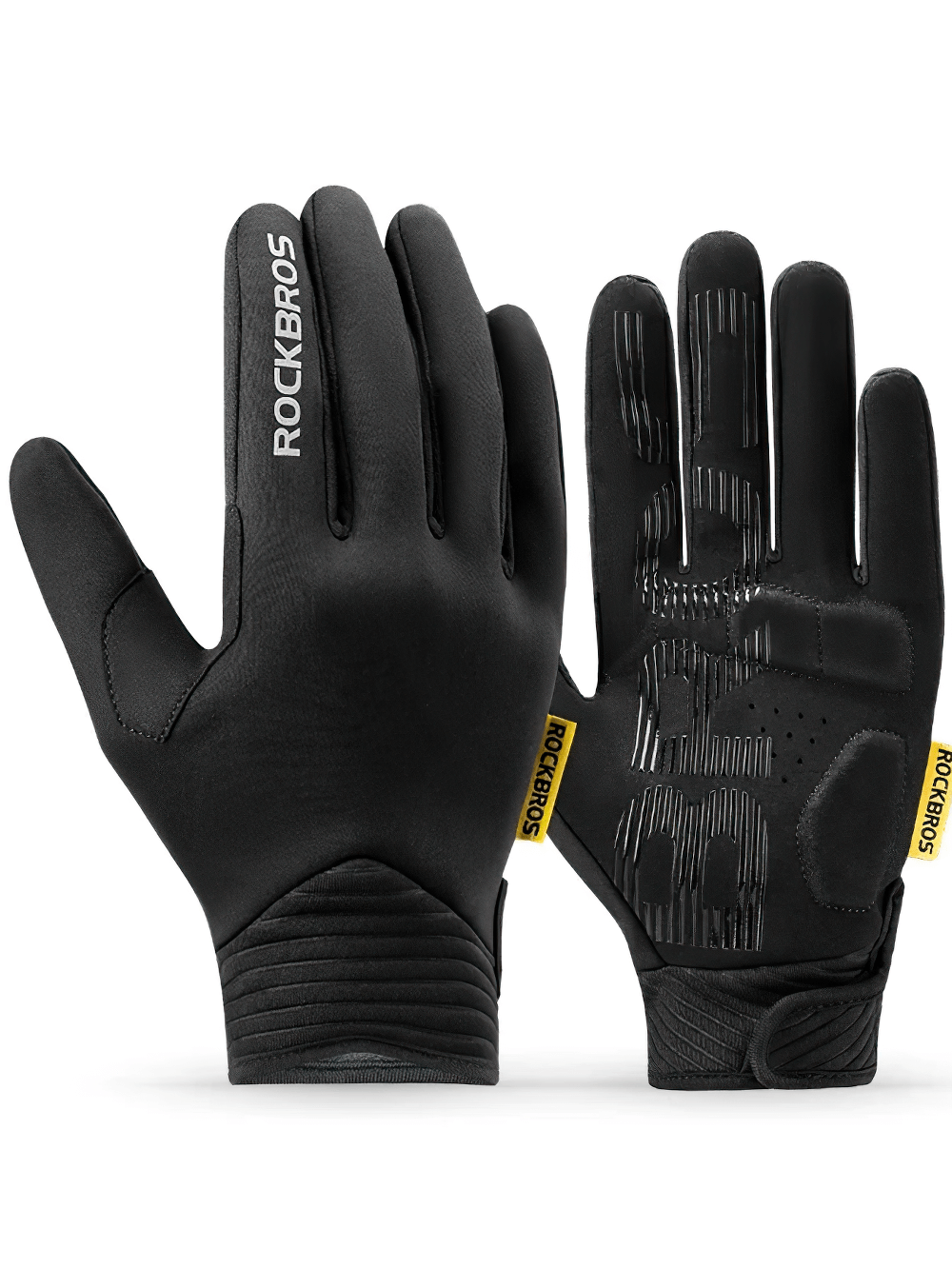 Elastic Anti-slip Full Finger Cycling Gloves SF2628 with touch screen compatibility and ergonomic fit, black, front and back view.