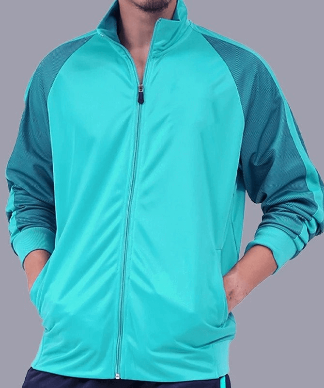 Elastic breathable men's running jacket in teal with zipper; perfect for athletic comfort and quick-dry performance - SF1948.