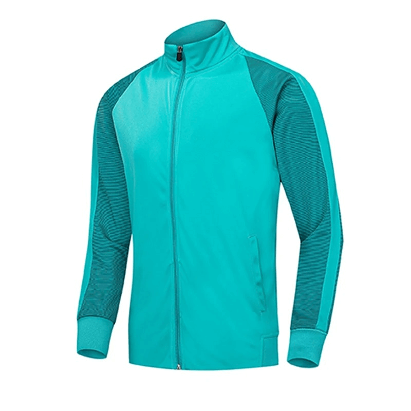 Turquoise elastic breathable men's running jacket with zipper, designed for optimal comfort and quick-drying, athletic fit. Model SF1948.
