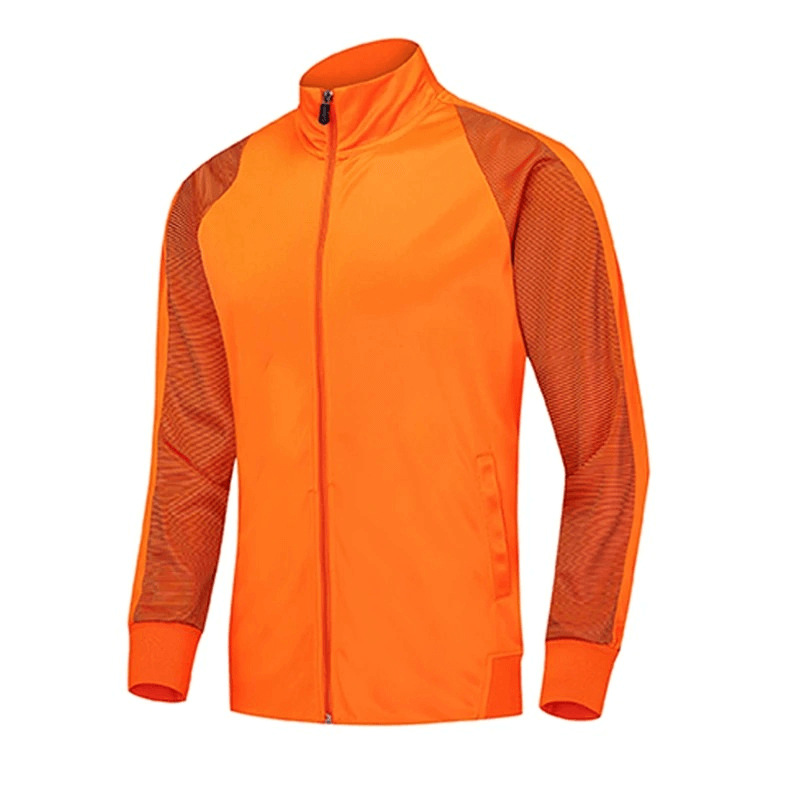 Bright orange elastic breathable men's running jacket with zipper, featuring mesh sleeves for optimal comfort during workouts.
