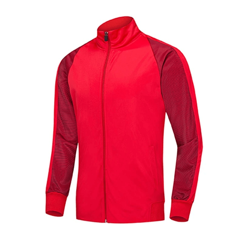Red elastic breathable men's running jacket with zipper, crafted from polyester and spandex for optimal stretch and comfort during workouts.
