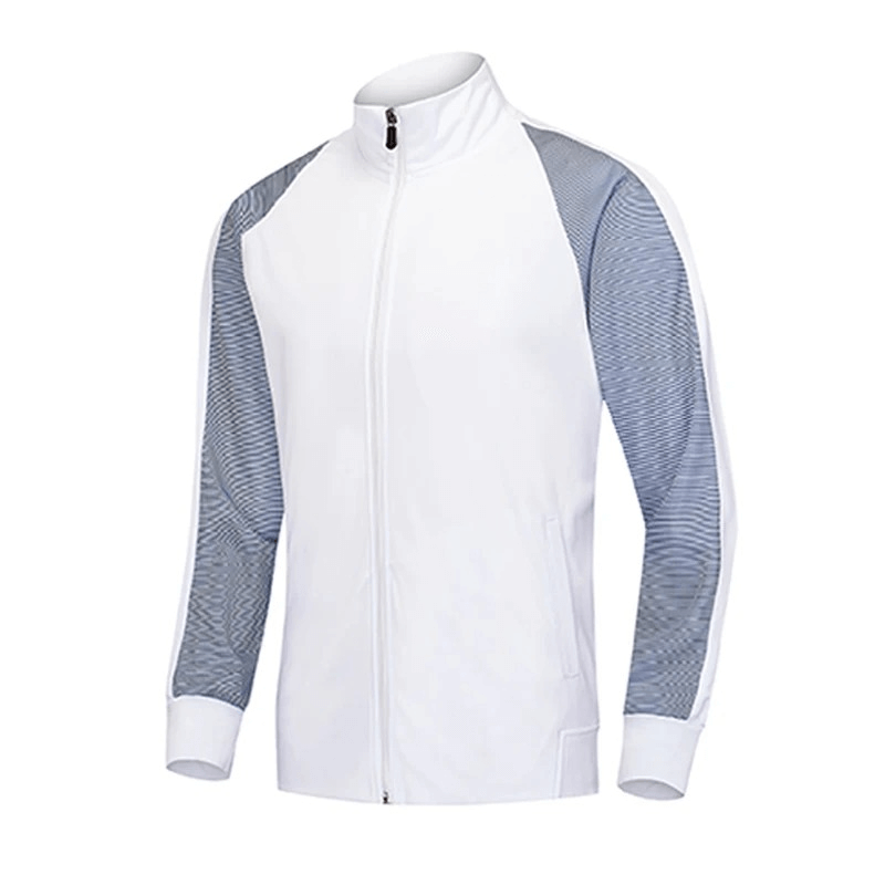 Elastic breathable men's running jacket with zipper, featuring a white design with gray mesh accents, perfect for athletic comfort.