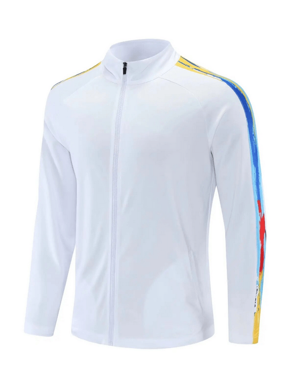 White elastic breathable men's sports jacket with colorful shoulder stripes and zipper.
