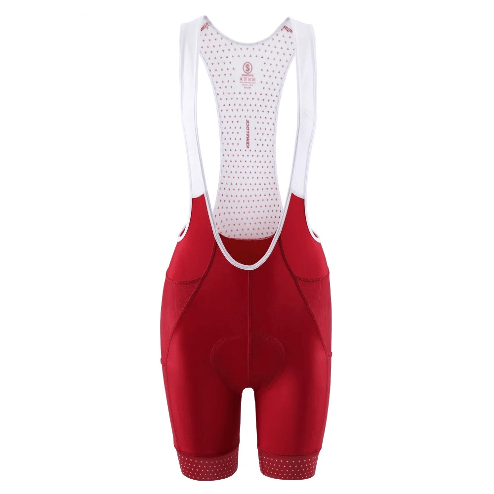 Red women's cycling bib shorts with breathable ergonomic design for high-performance riding. Stylish, durable, and moisture-wicking.