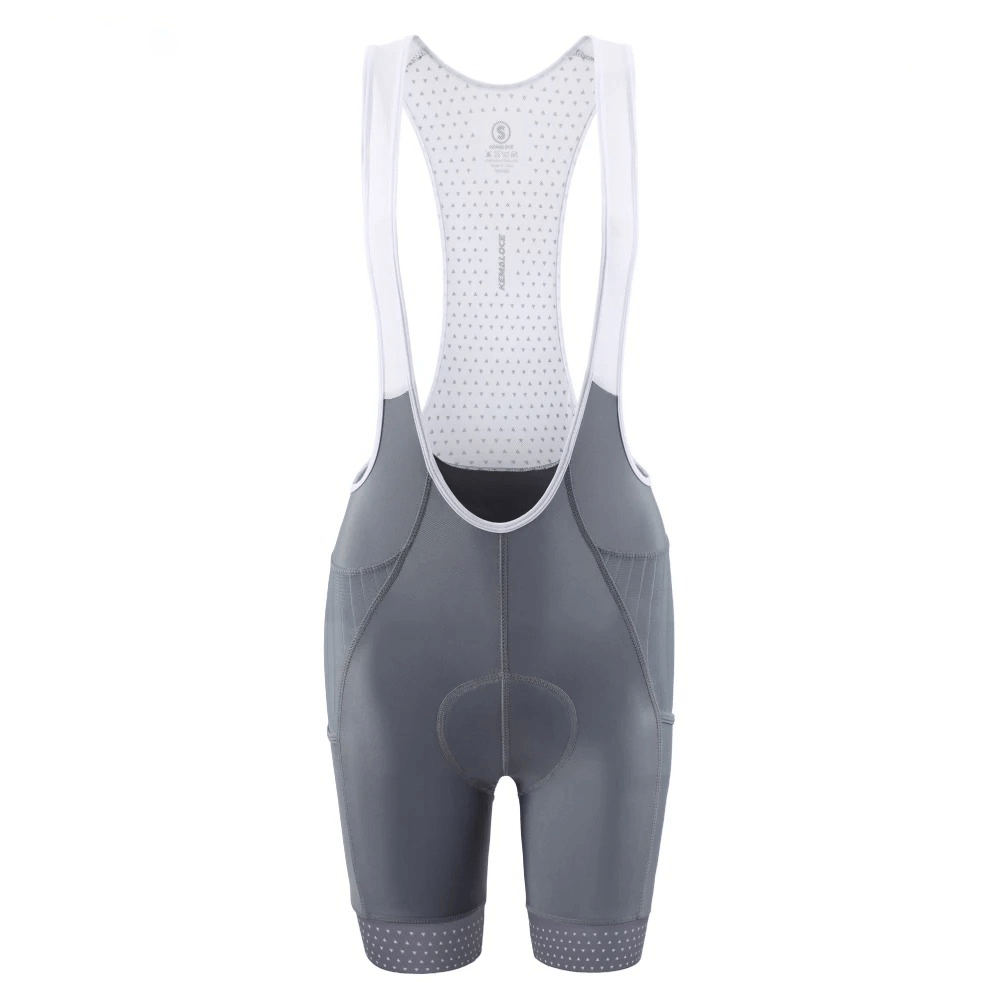 Women's cycling bib shorts, elastic and breathable, pro-fit design in gray with white straps, perfect for high-performance rides.