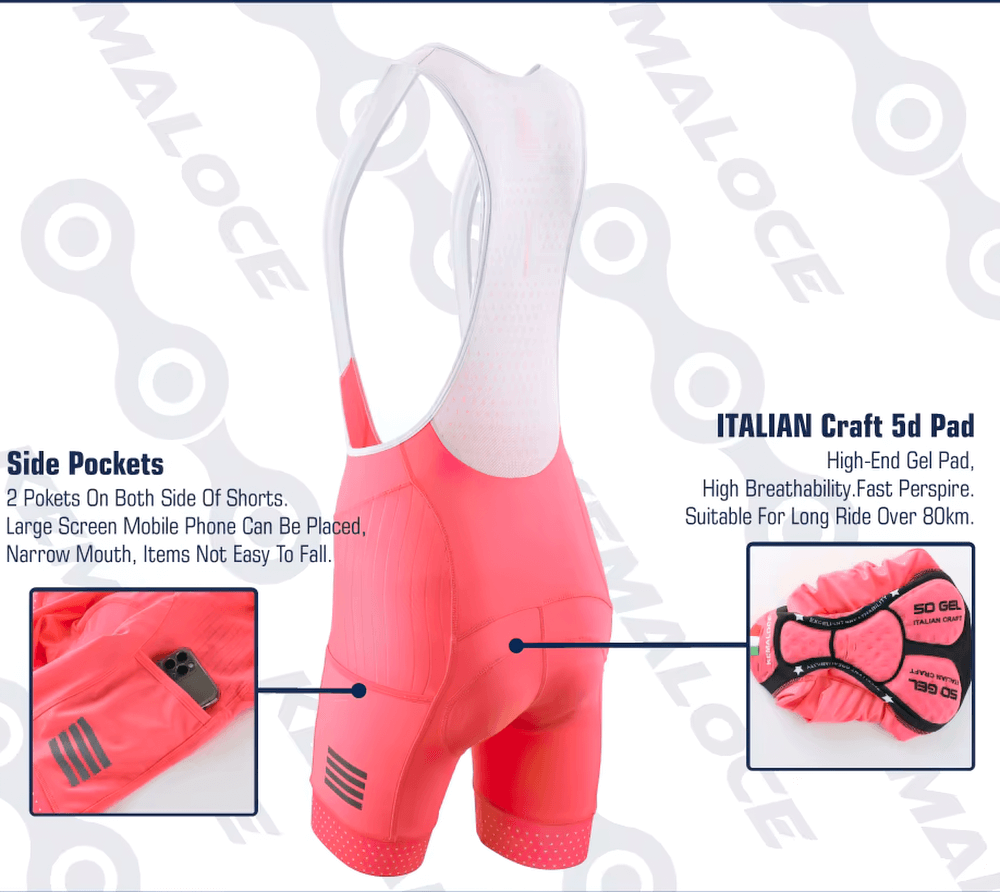 Fluorescent women's cycling bib shorts with ergonomic design, side pockets, and Italian Craft 5D pad for long rides.