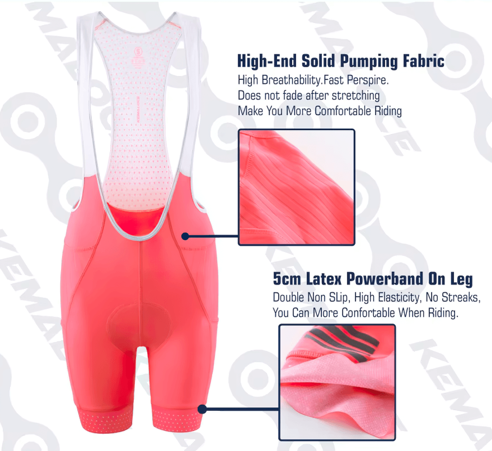 Fluorescent women's cycling bib shorts with high-breathability fabric and latex powerband for comfort and performance.