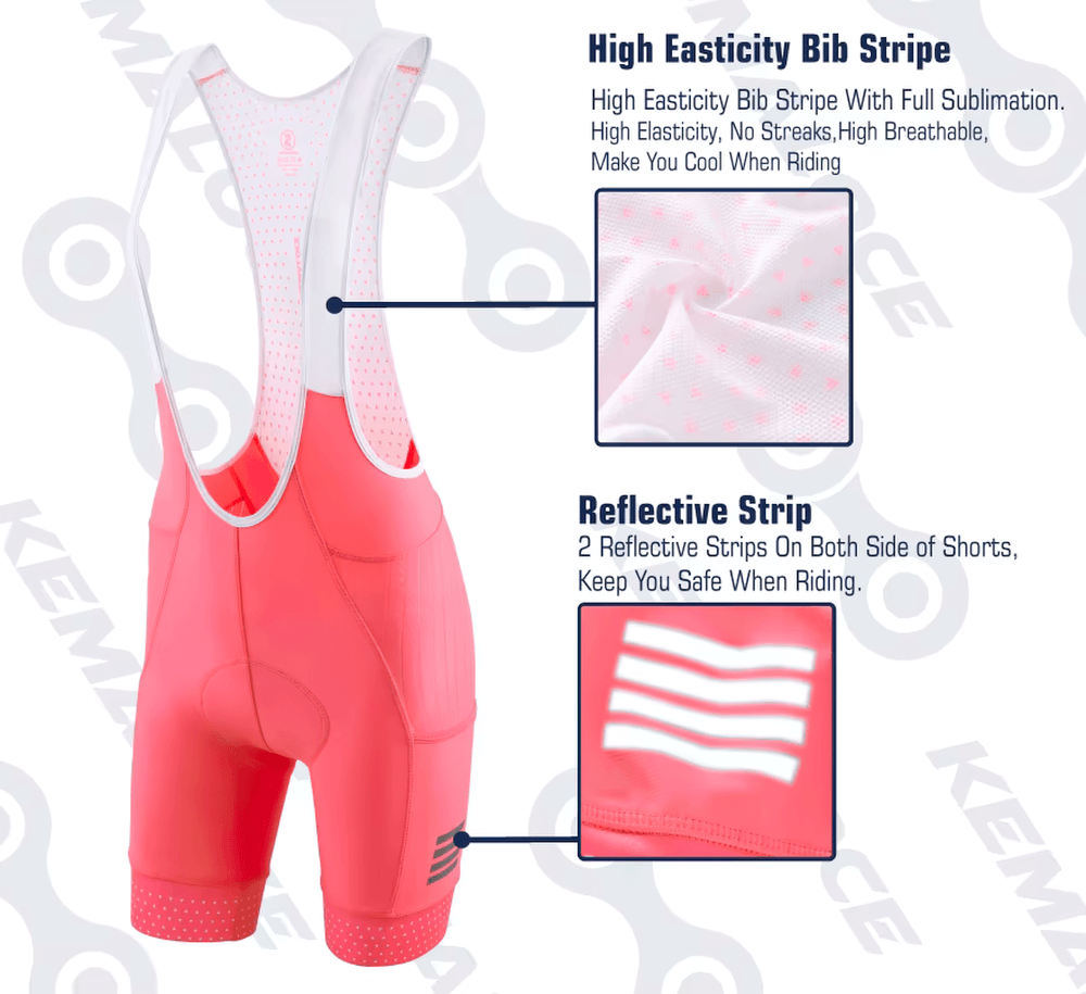 Women's cycling bib shorts in fluorescent pink with high elasticity bib stripe and reflective strip for safe, stylish rides.