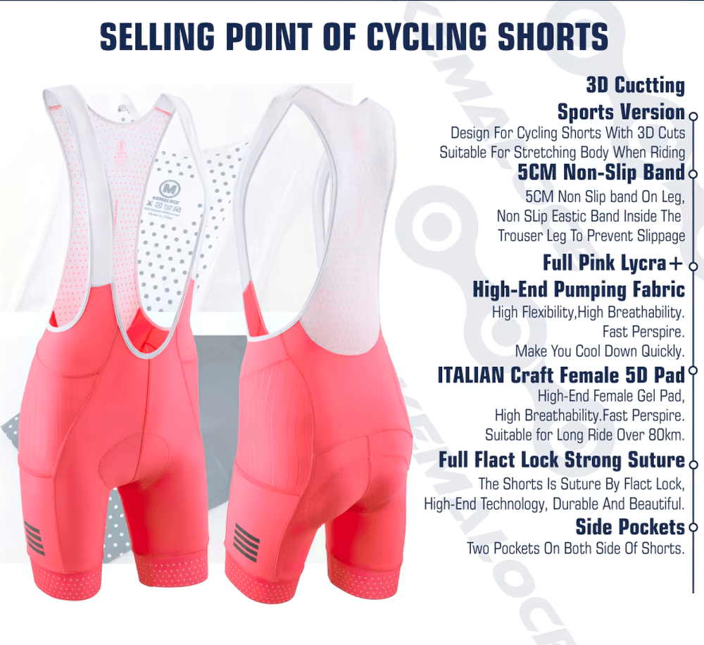 Fluorescent pink women's cycling bib shorts with ergonomic 3D cut, high-end padding, and moisture-wicking fabric for pro cycling.