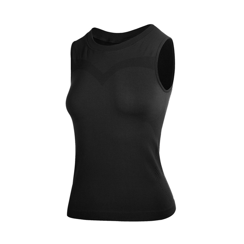 Black elastic breathable women's tank top for training, made from 100% polyester worsted material, perfect for yoga and running.