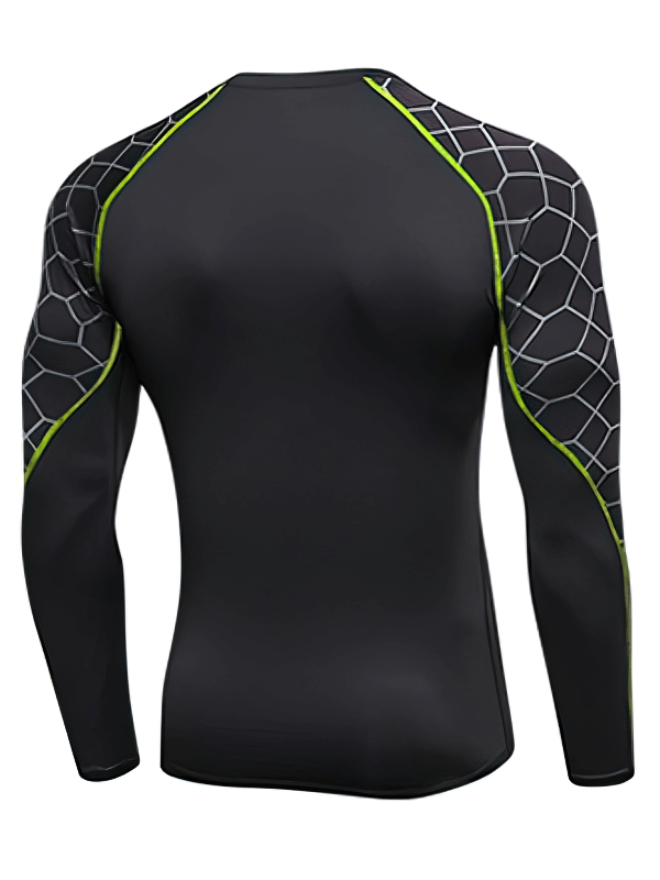 Back view of Elastic Compression Men's Fitness T-Shirt with Long Sleeves in black, featuring geometric design accents.