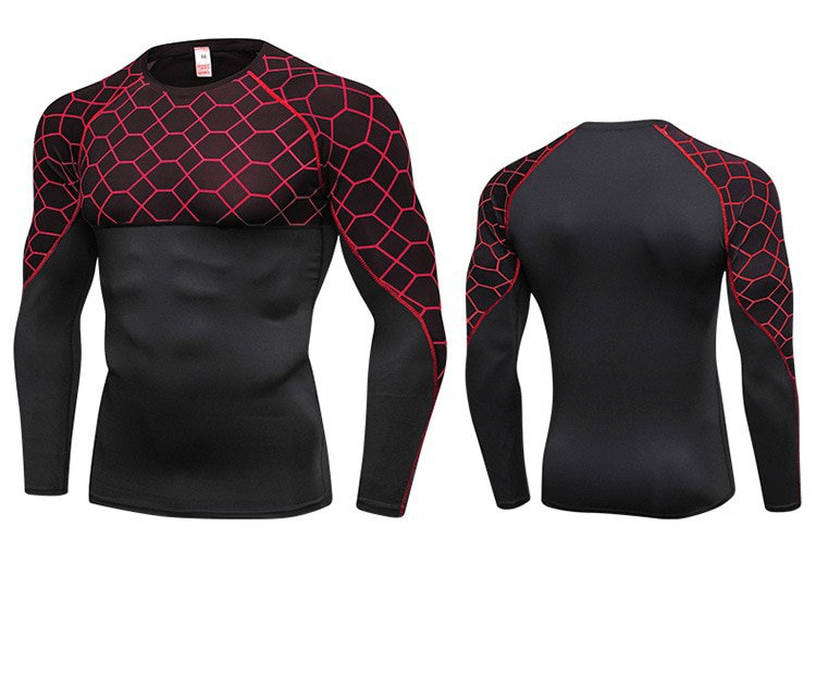 Elastic Compression Men's Fitness T-Shirt with Long Sleeves in Black and Red - SF1375, perfect for sports and active wear.