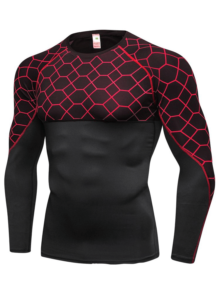 Elastic Compression Men's Fitness T-Shirt with Long Sleeves, O-neck, black with red hexagonal pattern, polyester-spandex blend.