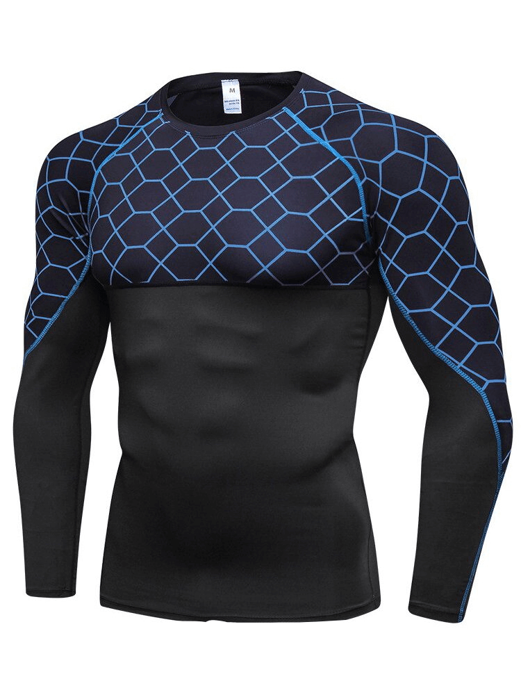 Elastic Compression Men's Long Sleeve Fitness T-Shirt with hexagonal pattern, ideal for sports and fitness activities.