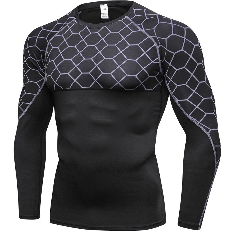 Men's Elastic Compression Fitness T-Shirt with Long Sleeves, Black Hexagon Design, O-Neck, Polyester-Spandex Blend, Non-Hooded