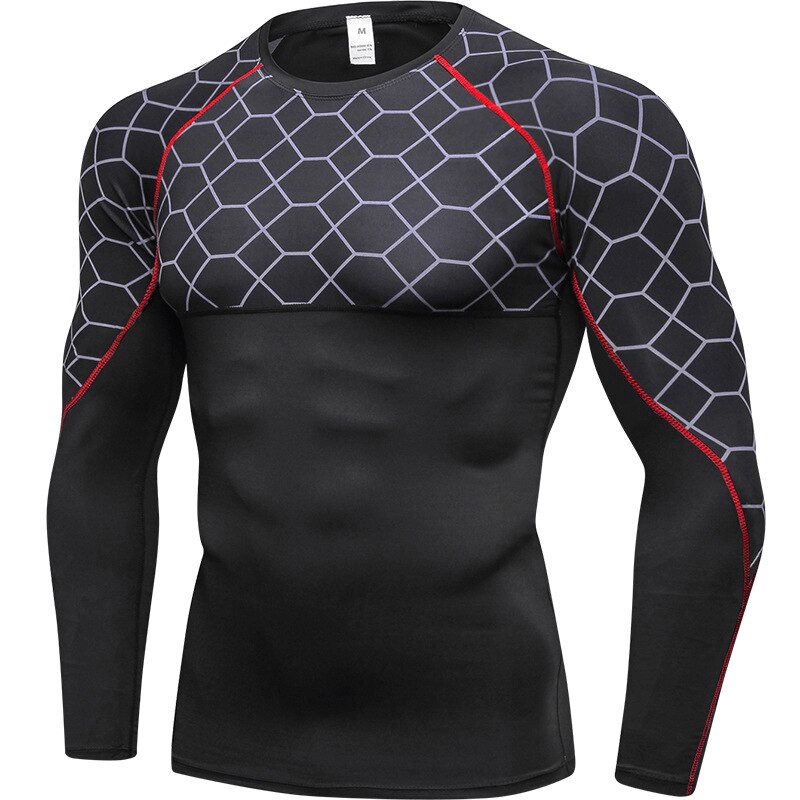 Elastic Compression Men's Fitness T-Shirt, Long Sleeves, Black Hexagon Pattern, O-Neck, Perfect for Sports and Fitness - SF1375