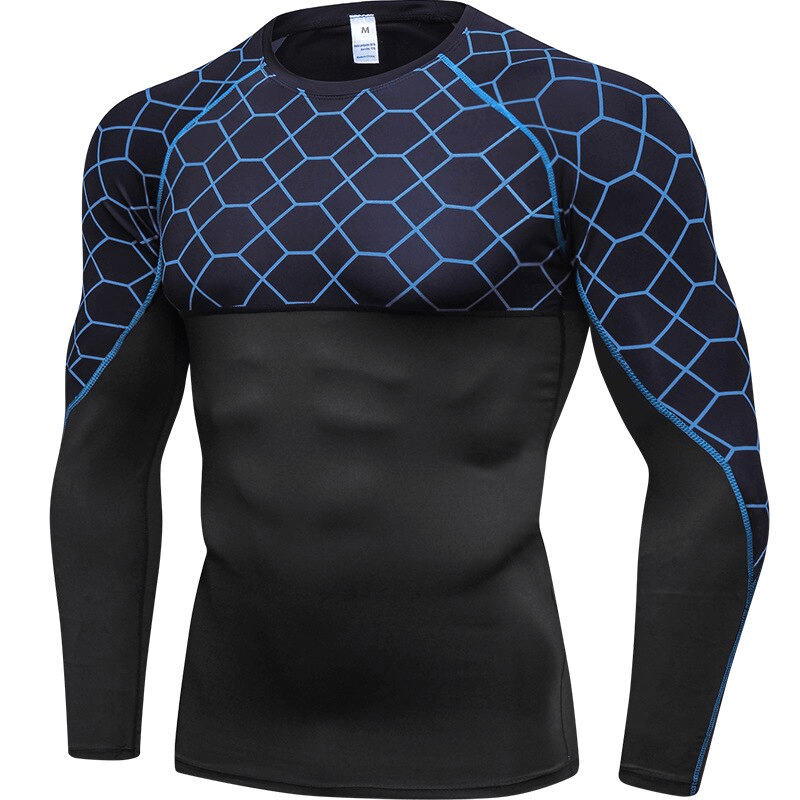 Elastic Compression Men's Long Sleeve Fitness T-Shirt with O-neck, perfect for sports and fitness, featuring a sleek geometric design.