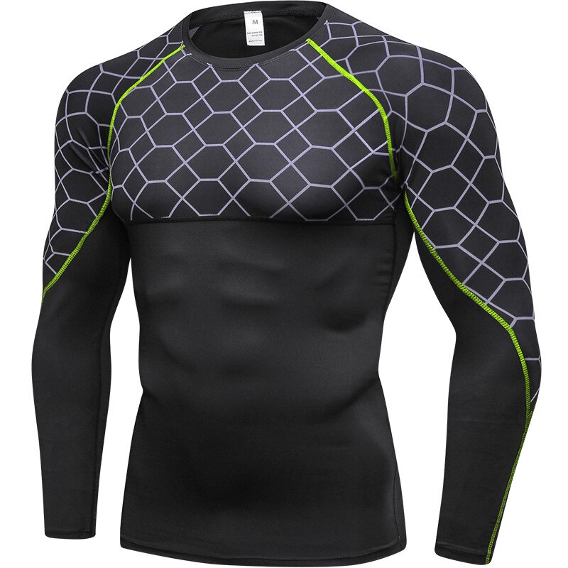Elastic Compression Men's Fitness T-Shirt, Long Sleeves, Stylish O-neck, Breathable Polyester Spandex Blend, Black with Pattern Design
