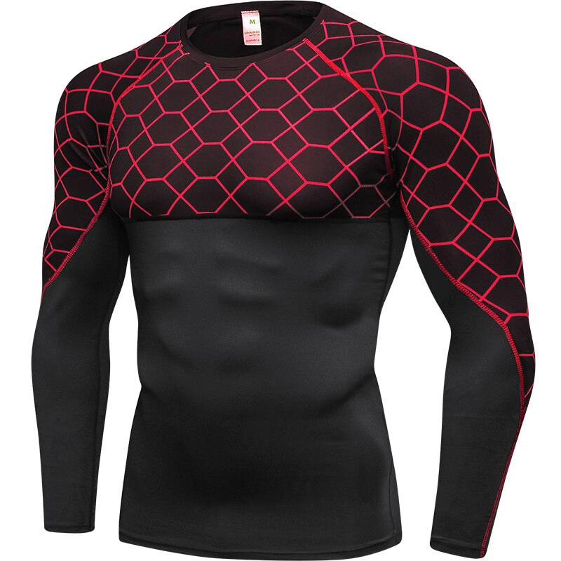 Stylish elastic compression men's fitness T-shirt with long sleeves, featuring a red geometric pattern, for optimal performance.