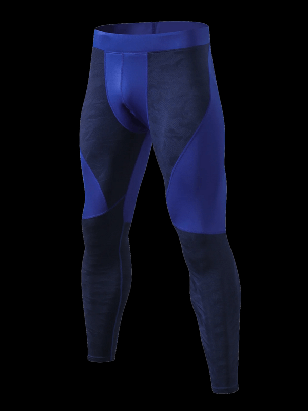 Blue elastic compression quick-drying men's leggings, polyester-spandex blend, mid-rise waist, flat front design - SF1812
