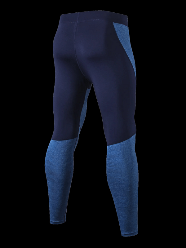 Navy and blue elastic compression men's leggings showcasing the quick-drying fabric and supportive fit from the SF1812 collection.
