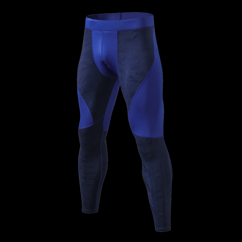 Blue men's elastic compression leggings SF1812, polyester-spandex, quick-dry, mid-rise waist, perfect fit for active lifestyle.