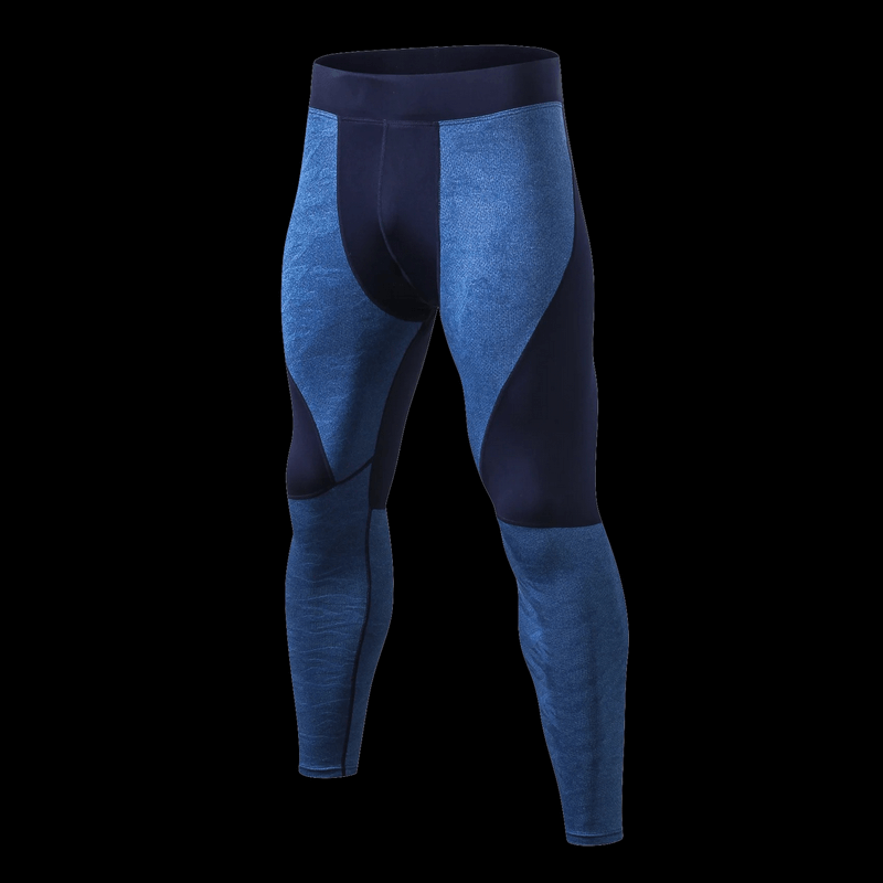 Elastic compression quick-drying men's leggings in blue and black, perfect fit for active wear, mid-rise waist, polyester-spandex blend.