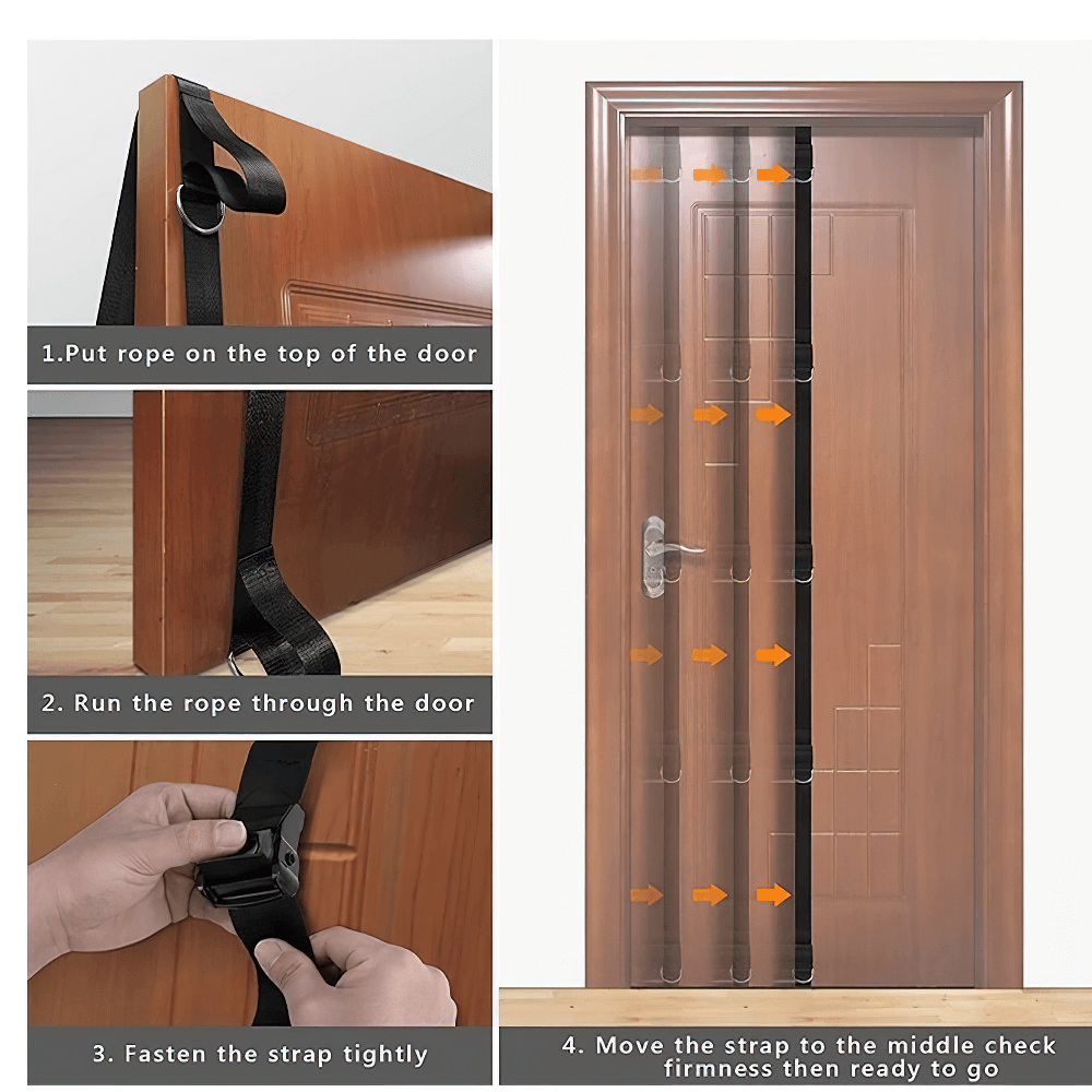 Elastic door anchor resistance band system being set up on a wooden door, showing the step-by-step attachment process.