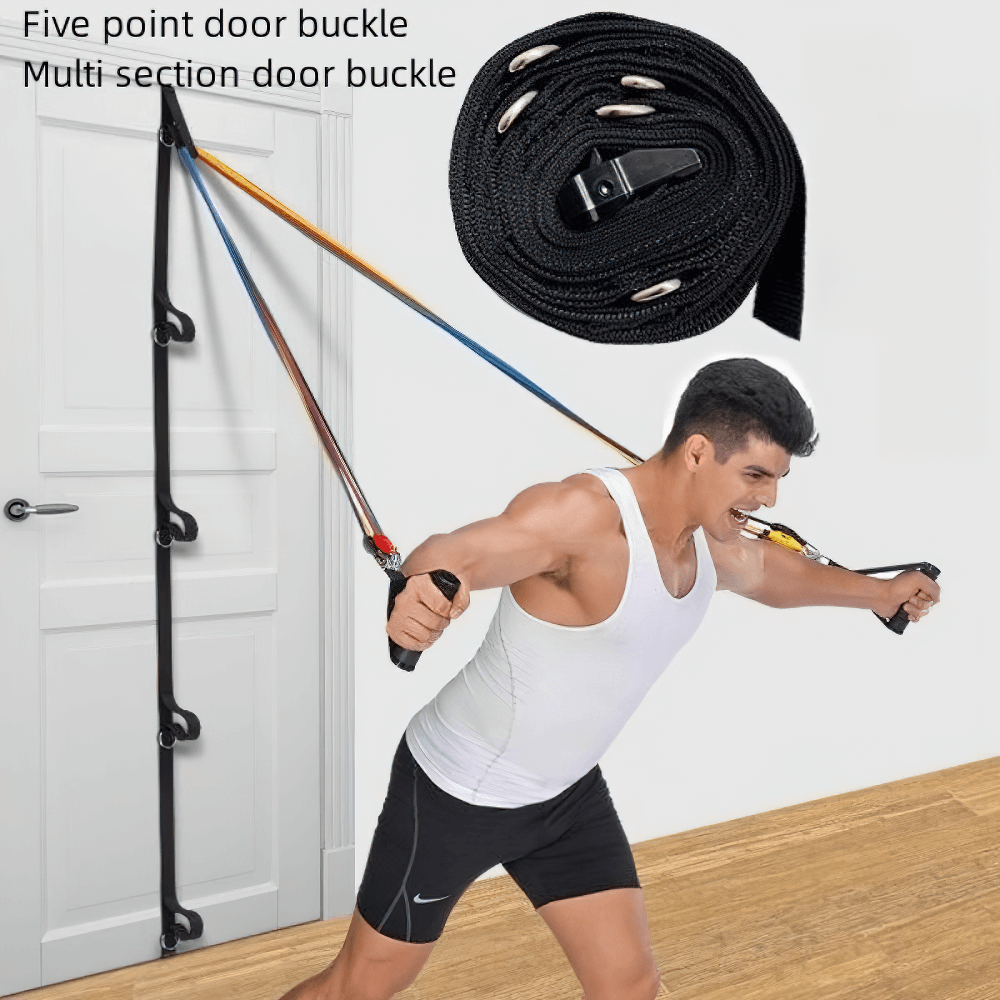 Man exercising with elastic door anchor resistance band system, featuring multi-section door buckle for enhanced strength training.