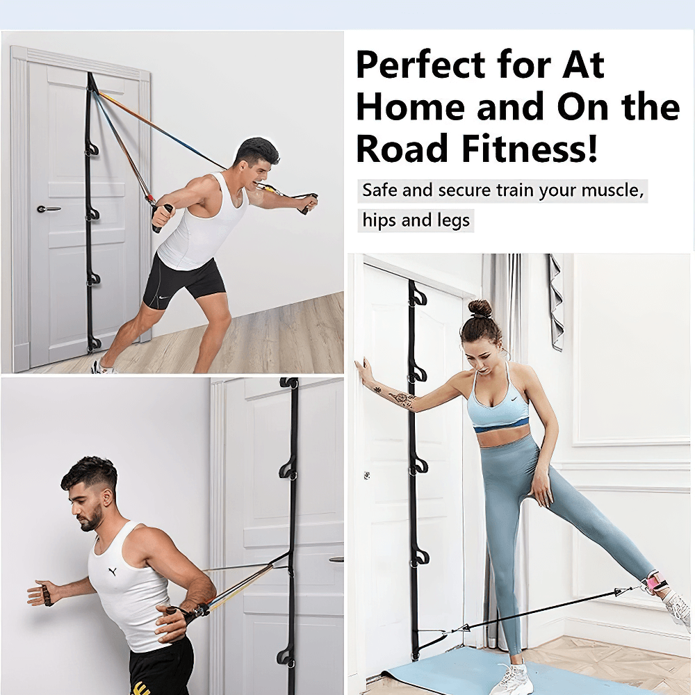 Elastic Door Anchor Resistance Band System for versatile workout exercises at home, featuring adjustable multi-level straps.