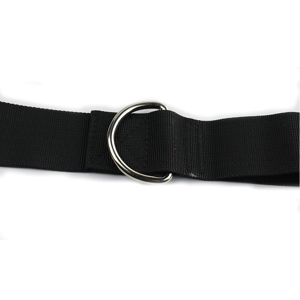 Close-up of a black elastic door anchor for resistance band workouts, featuring a sturdy D-ring for secure attachment.