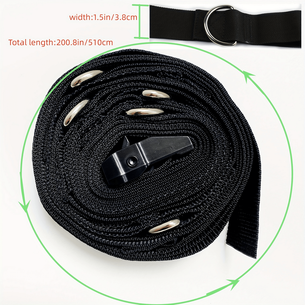 Coiled black door anchor strap with D-ring for resistance band workouts, 510cm long, 3.8cm wide.