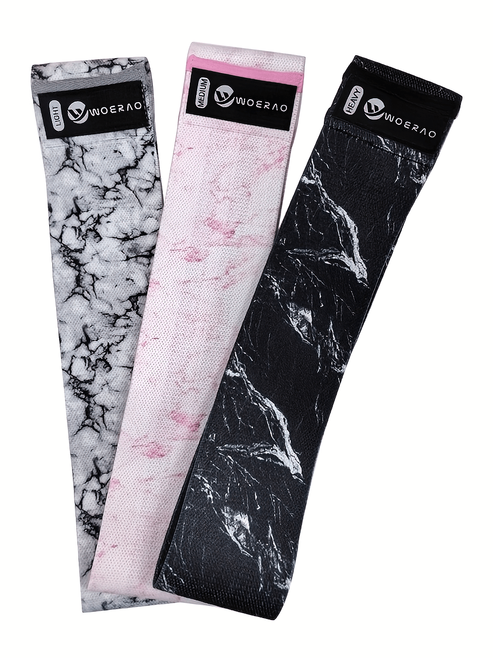 Elastic fabric resistance bands set in black, pink, and grey marble patterns, perfect for yoga, Pilates, and strength training.