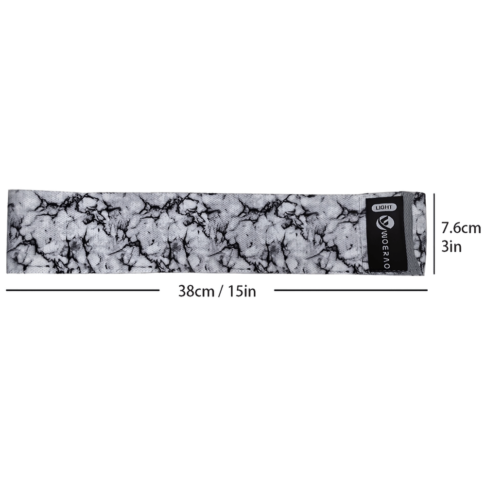 Elastic fabric resistance band in marble pattern with dimensions labeled 38cm by 7.6cm for workout.