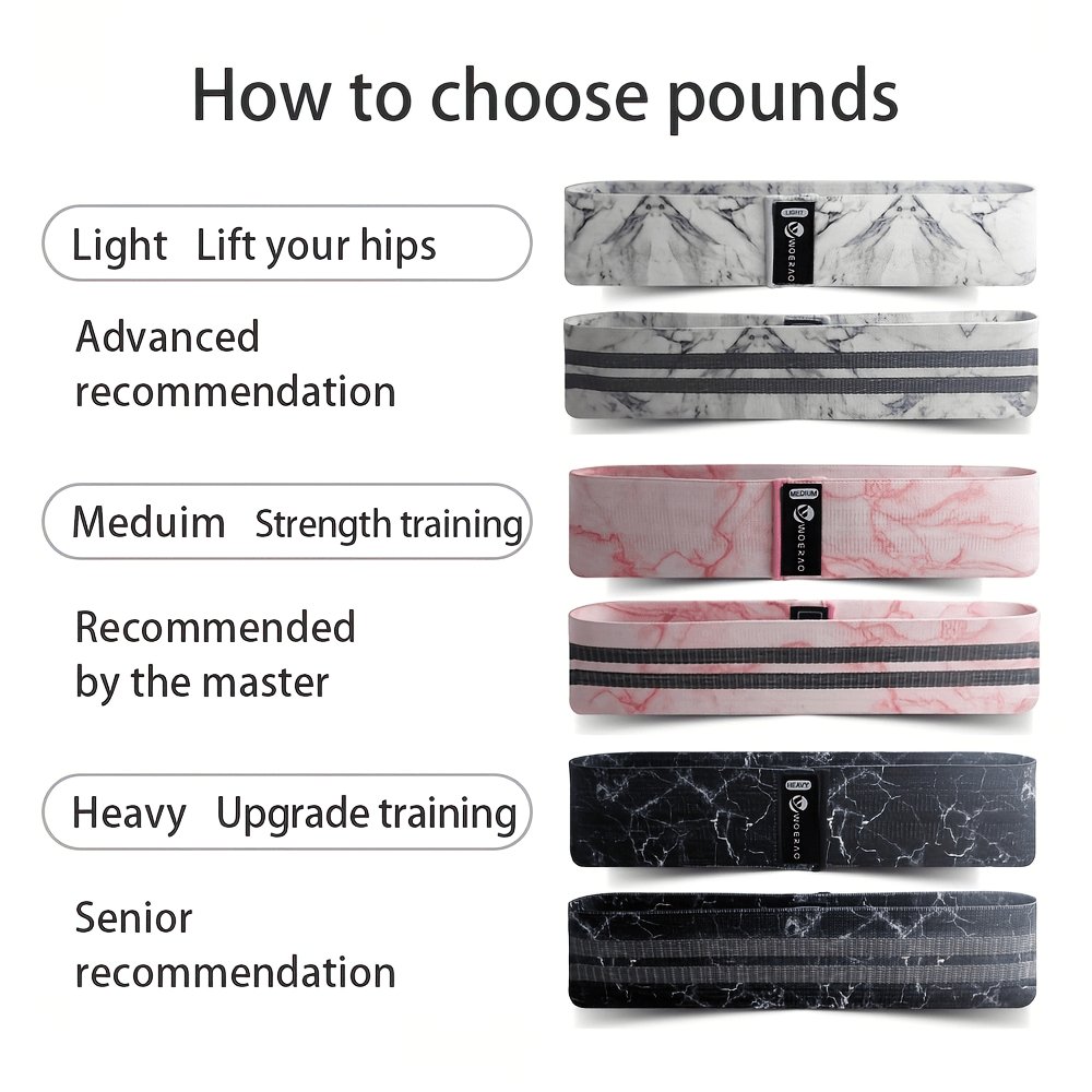 Elastic fabric resistance bands set in light, medium, and heavy options for hip and thigh workouts, ideal for yoga and Pilates.