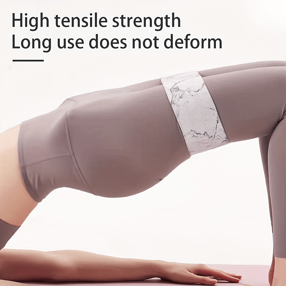 Woman using elastic fabric resistance band during workout for glutes and legs with text 'High tensile strength, long use does not deform.'