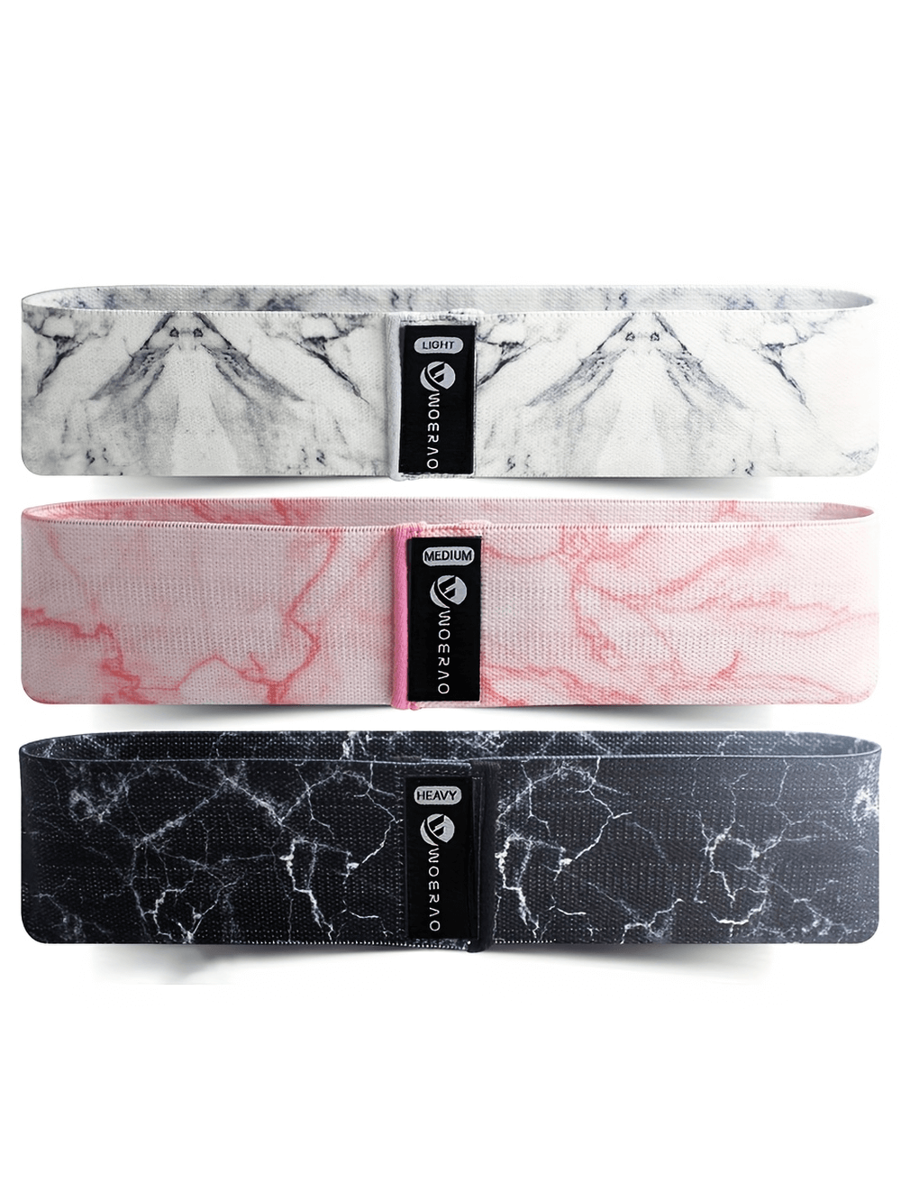 Set of 3 elastic fabric resistance bands in marble patterns, ideal for glute and leg workouts, yoga, and Pilates exercises.