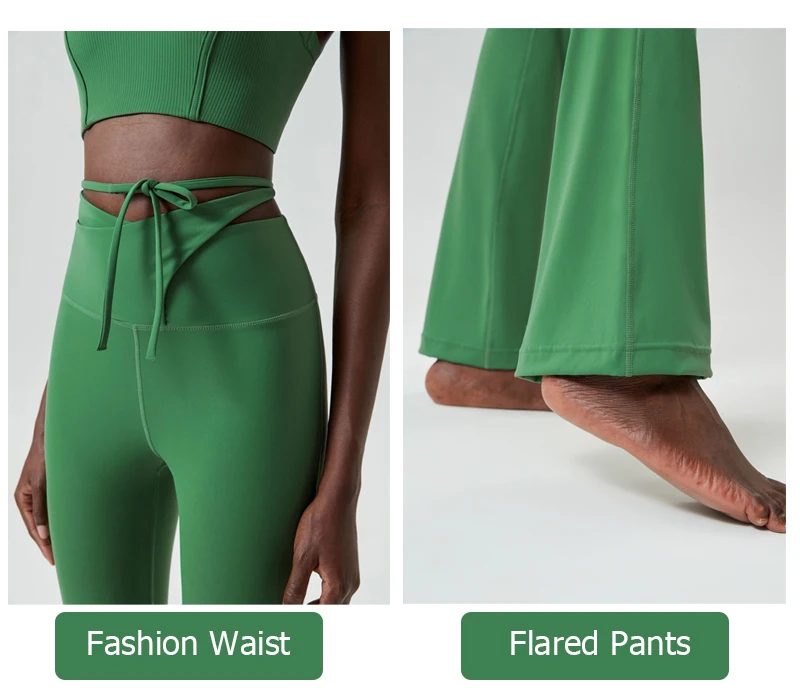 Green flare yoga pants with tie-up waist, showcasing stylish fashion waist and flared bottom design.