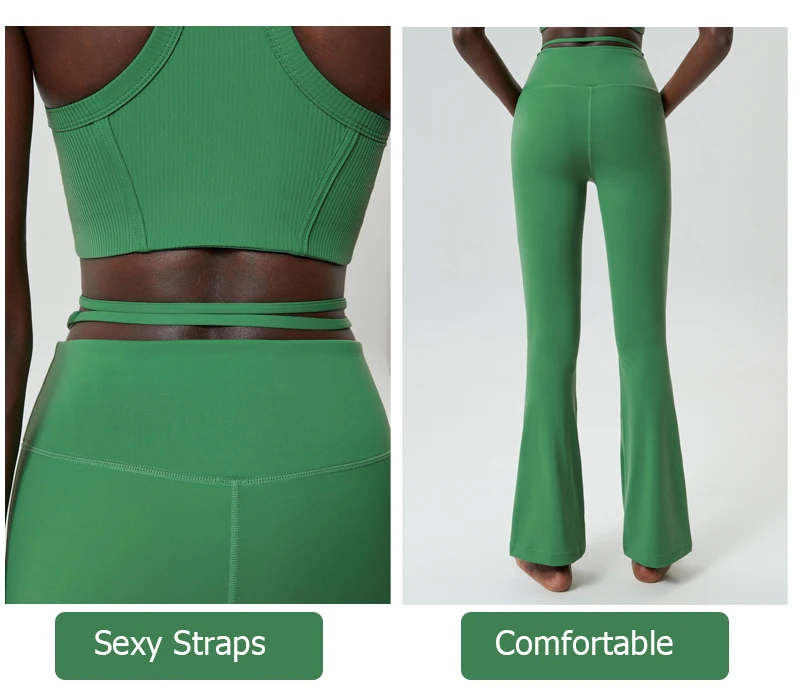 Emerald green flare yoga pants with sexy strap detail and comfortable fit, perfect blend of style and functionality in sportswear.