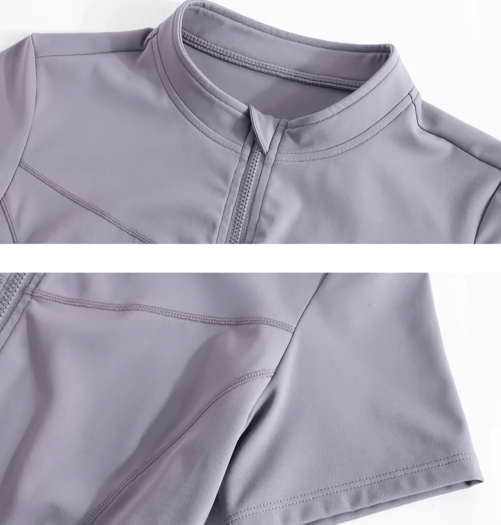 Alt Tag: Elastic Half Zip Sports T-shirts for Women - SF4428 gray short sleeve breathable quick-dry half zip yoga top with ruched drawstring sides